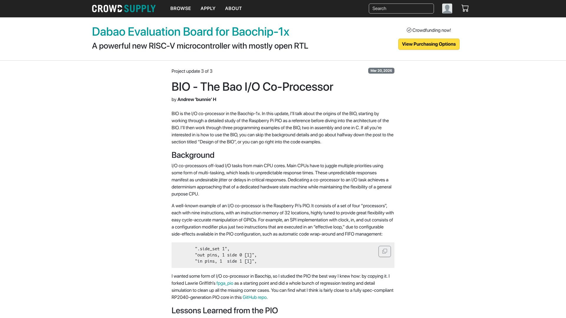 Screenshot of crowdsupply.com: BIO – The Bao I/O Co-Processor
