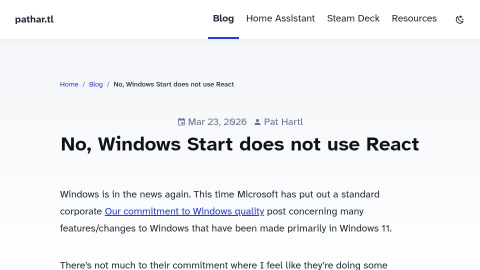 Screenshot of pathar.tl: No, Windows Start does not use React