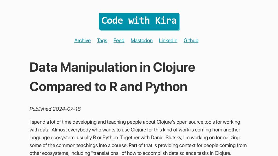 Screenshot of codewithkira.com: Data Manipulation in Clojure Compared to R and Python
