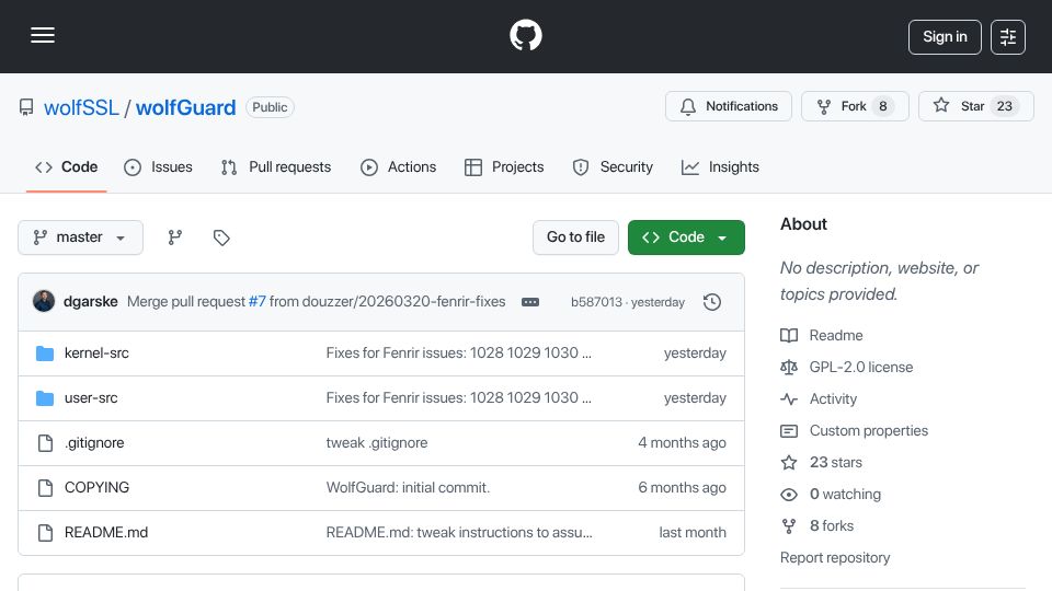 Screenshot of github.com: WolfGuard: WireGuard with FIPS 140-3 cryptography