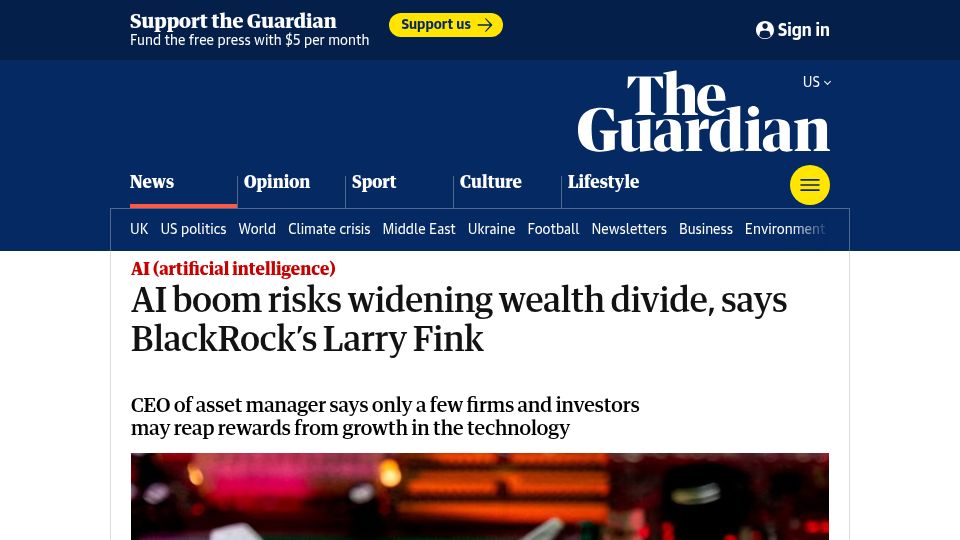 Screenshot of theguardian.com: AI boom risks widening wealth divide, says BlackRock's Larry Fink