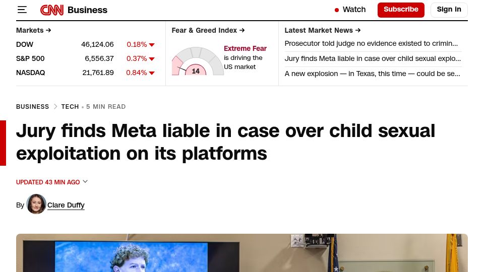 Screenshot of cnn.com: Jury finds Meta liable in case over child sexual exploitation on its platforms