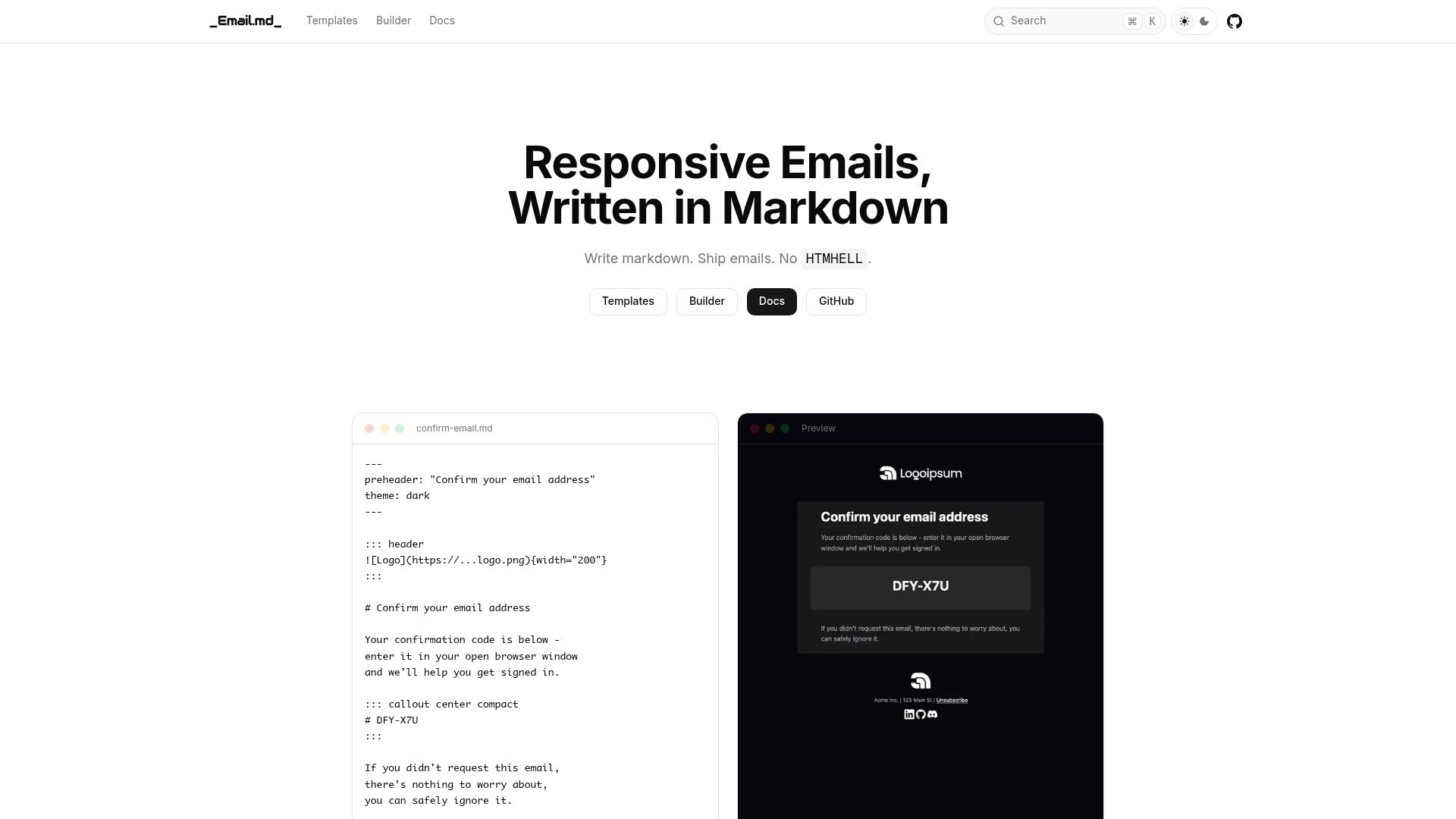 Screenshot of emailmd.dev: Show HN: Email.md – Markdown to responsive, email-safe HTML