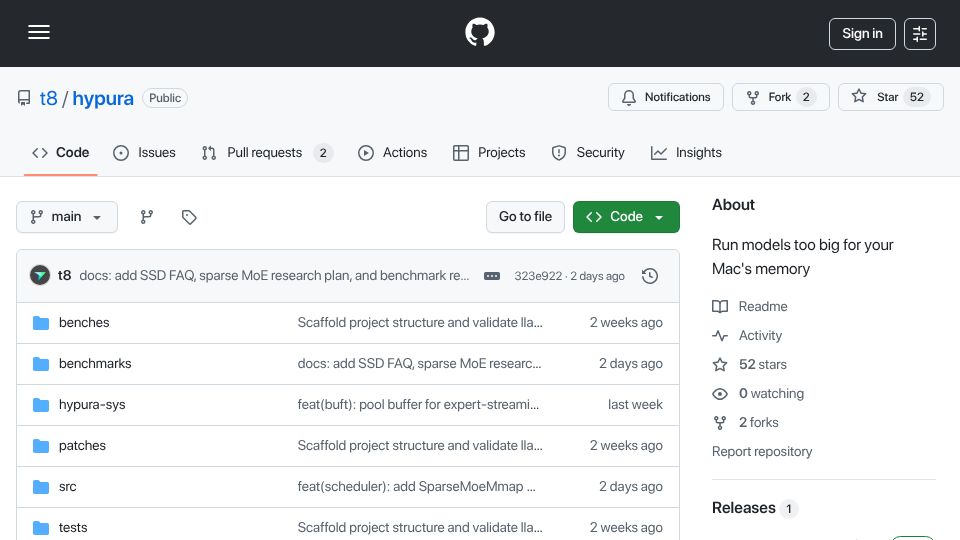 Screenshot of github.com: Hypura – A storage-tier-aware LLM inference scheduler for Apple Silicon