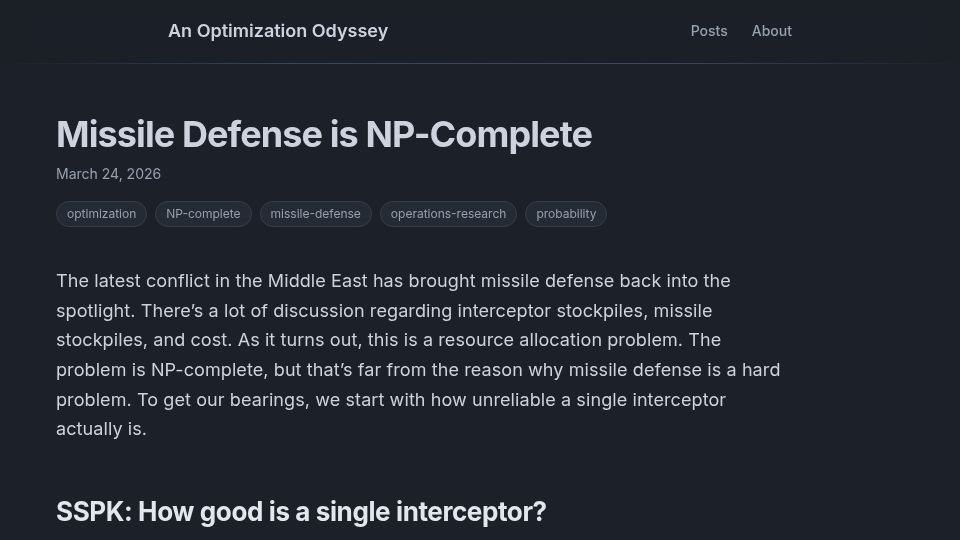 Screenshot of smu160.github.io: Missile defense is NP-complete