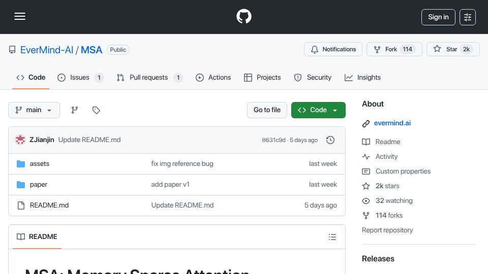 Screenshot of github.com: MSA: Memory Sparse Attention