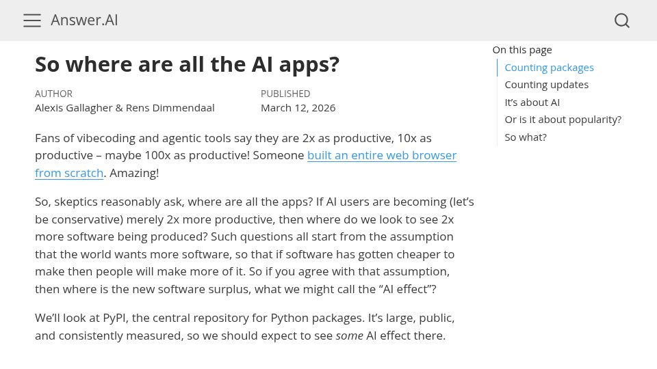 Screenshot of answer.ai: So where are all the AI apps?