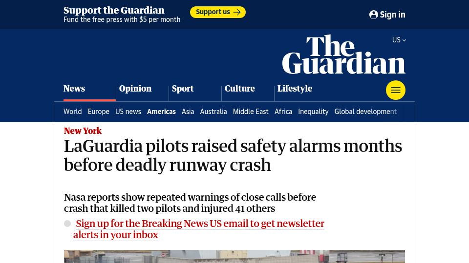 Screenshot of theguardian.com: LaGuardia pilots raised safety alarms months before deadly runway crash