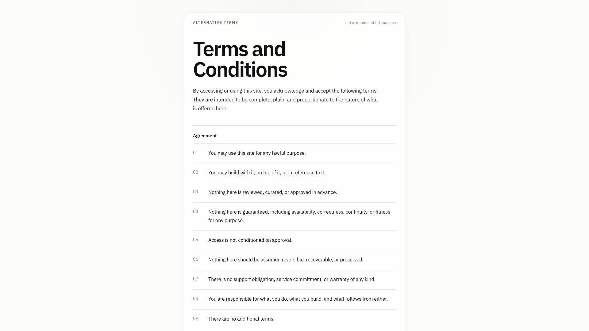 Screenshot of notermsnoconditions.com: No Terms. No Conditions
