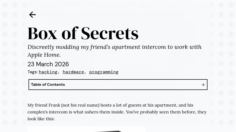 Screenshot of jackhogan.me: Box of Secrets: Discreetly modding an apartment intercom to work with Apple Home