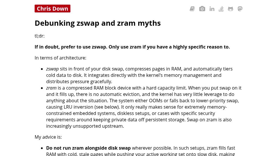 Screenshot of chrisdown.name: Debunking Zswap and Zram Myths