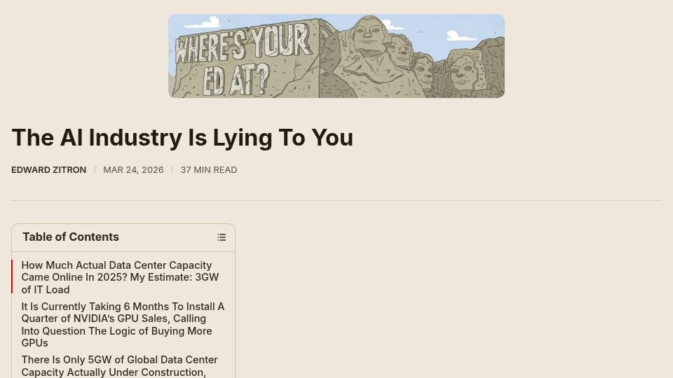 Screenshot of wheresyoured.at: The AI Industry Is Lying to You