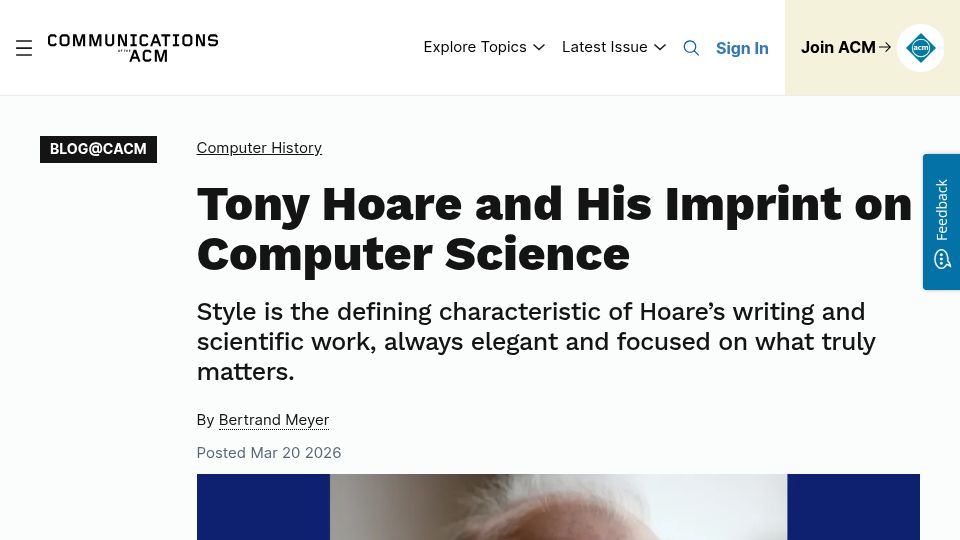 Screenshot of cacm.acm.org: Tony Hoare and His Imprint on Computer Science
