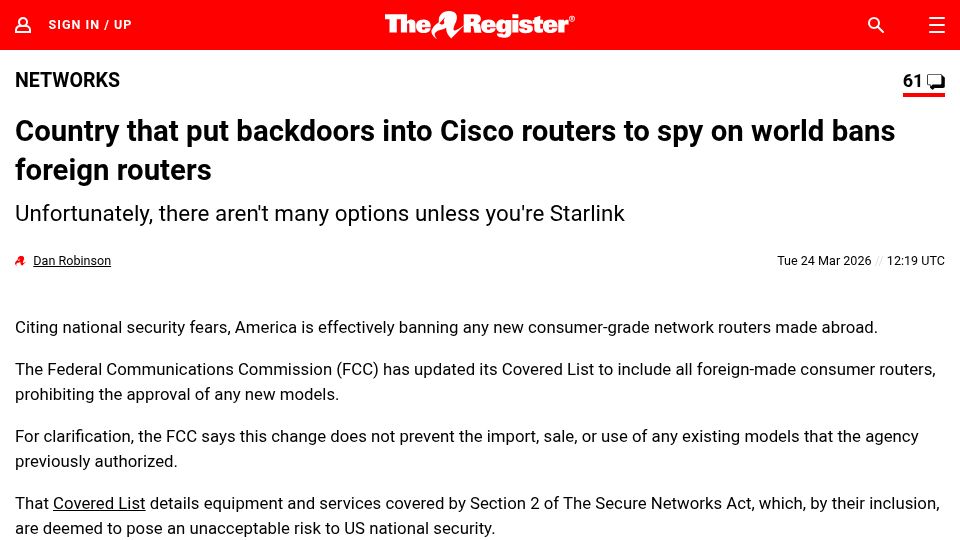 Screenshot of theregister.com: Country that put backdoors in Cisco routers to spy on world bans foreign routers
