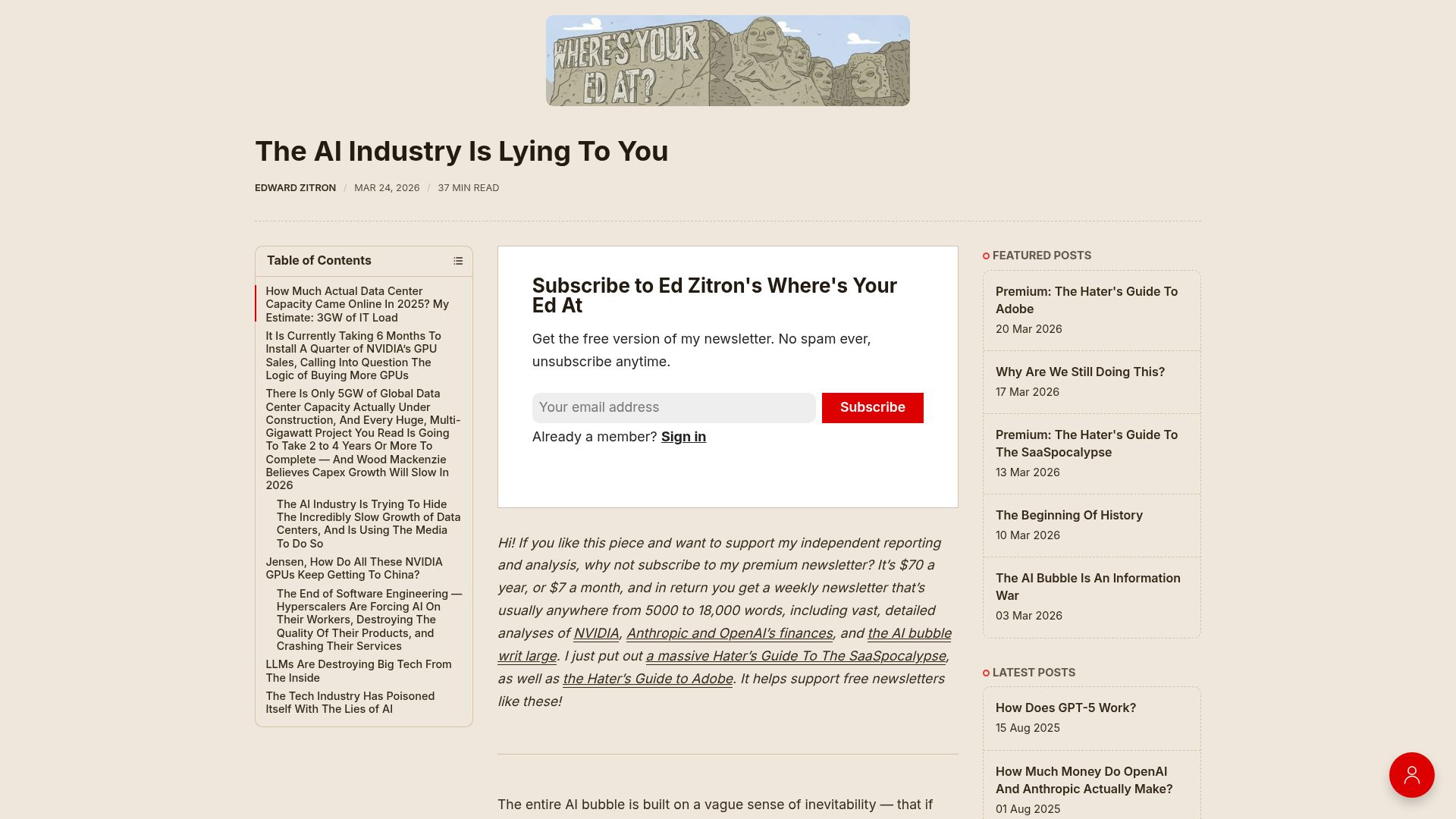 Screenshot of wheresyoured.at: The AI Industry Is Lying to You