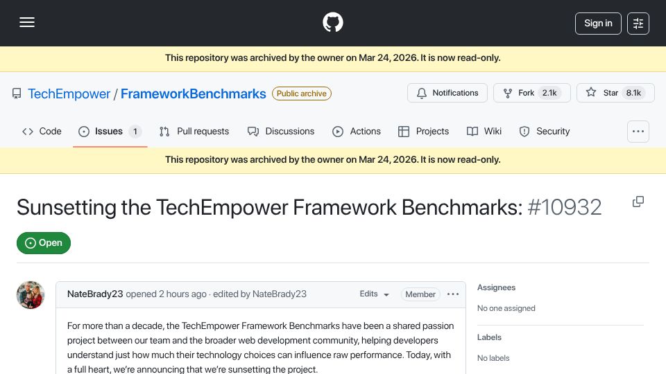 Screenshot of github.com: Sunsetting the Techempower Framework Benchmarks