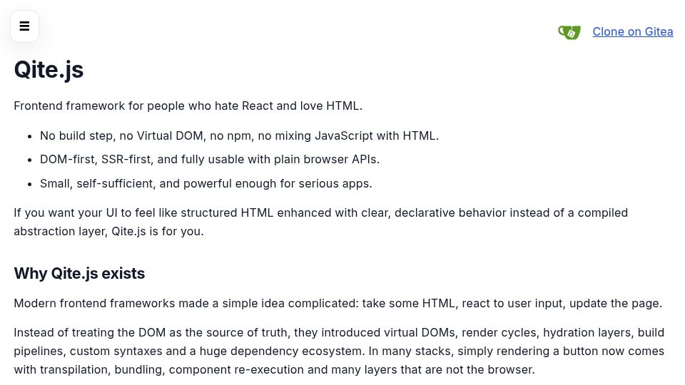 Screenshot of qitejs.qount25.dev: Qite.js – Frontend framework for people who hate React and love HTML