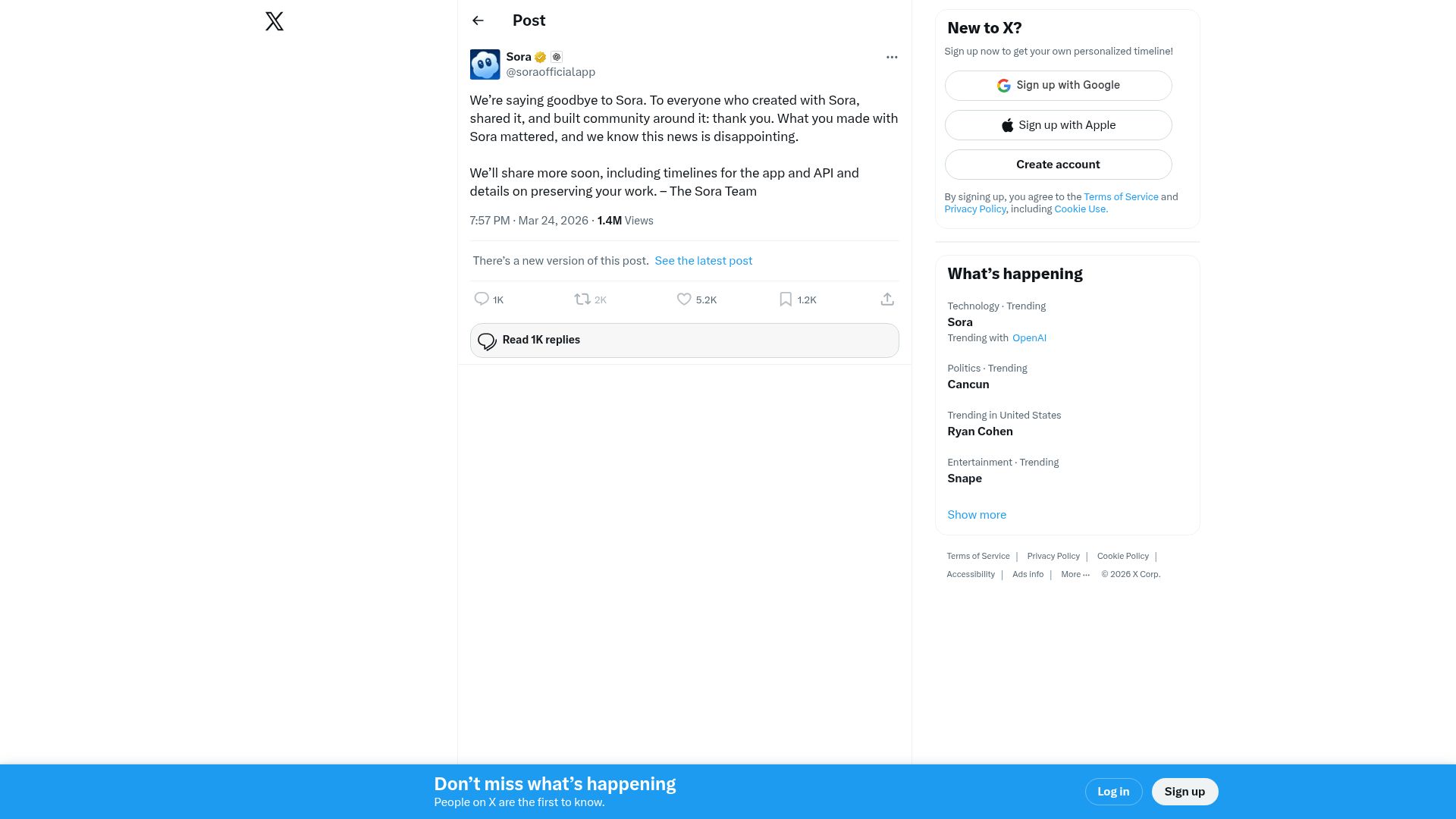 Screenshot of twitter.com: Goodbye to Sora