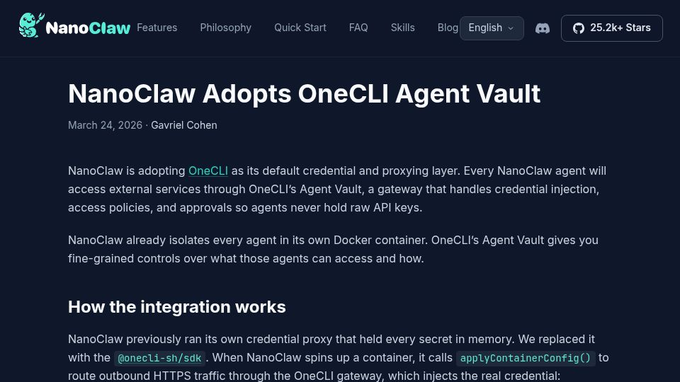 Screenshot of nanoclaw.dev: NanoClaw Adopts OneCLI Agent Vault