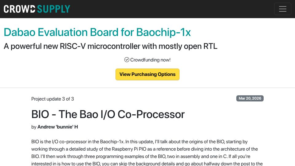 Screenshot of crowdsupply.com: BIO – The Bao I/O Co-Processor