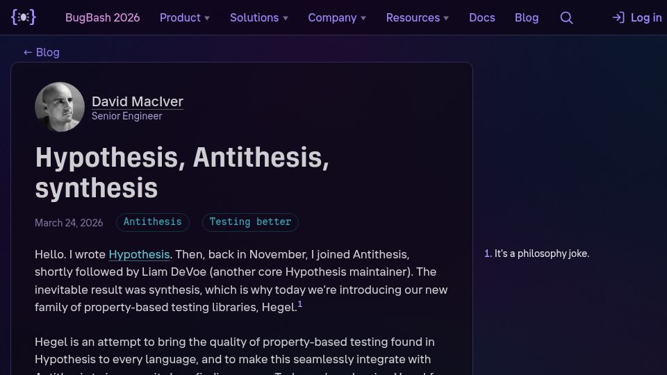 Screenshot of antithesis.com: Hypothesis, Antithesis, synthesis
