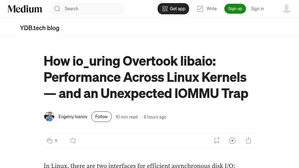 Screenshot of blog.ydb.tech: io_uring, libaio performance across Linux kernels and an unexpected IOMMU trap