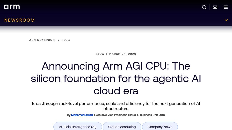 Screenshot of newsroom.arm.com: Arm AGI CPU