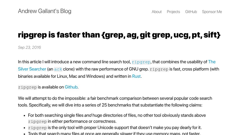 Screenshot of burntsushi.net: Ripgrep is faster than grep, ag, git grep, ucg, pt, sift (2016)
