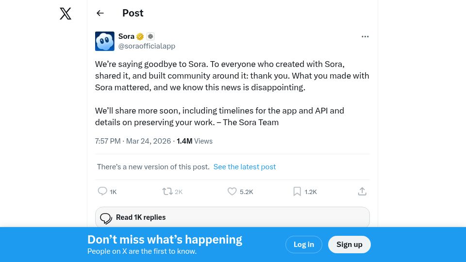 Screenshot of twitter.com: Goodbye to Sora