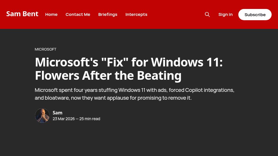 Screenshot of sambent.com: Microsoft's "fix" for Windows 11