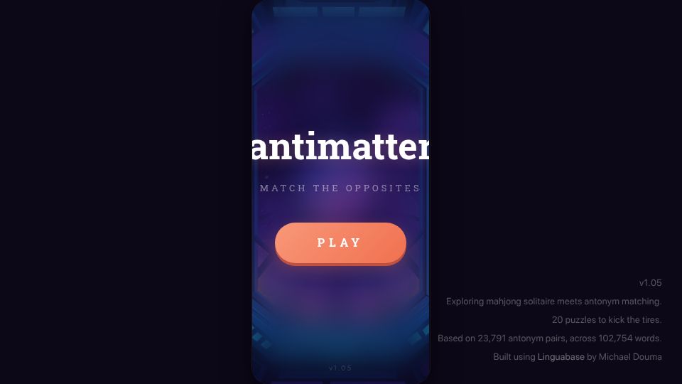 Screenshot of linguabase.org: Show HN: Antimatter – Match the opposites (Mahjong solitaire mechanic)