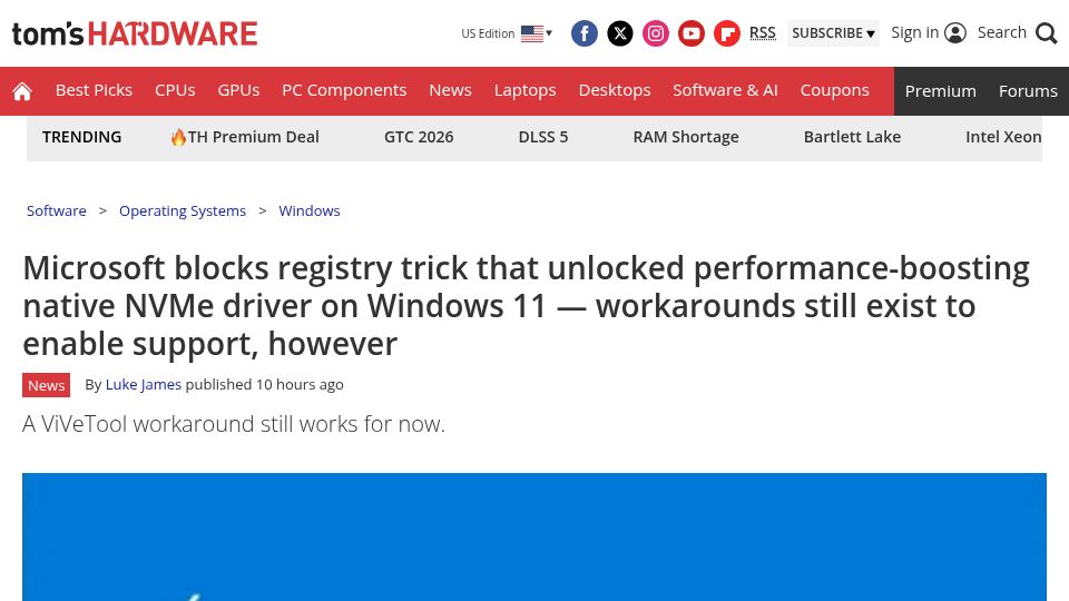 Screenshot of tomshardware.com: Microsoft blocks trick to unlock native NVMe driver, but workarounds still exist