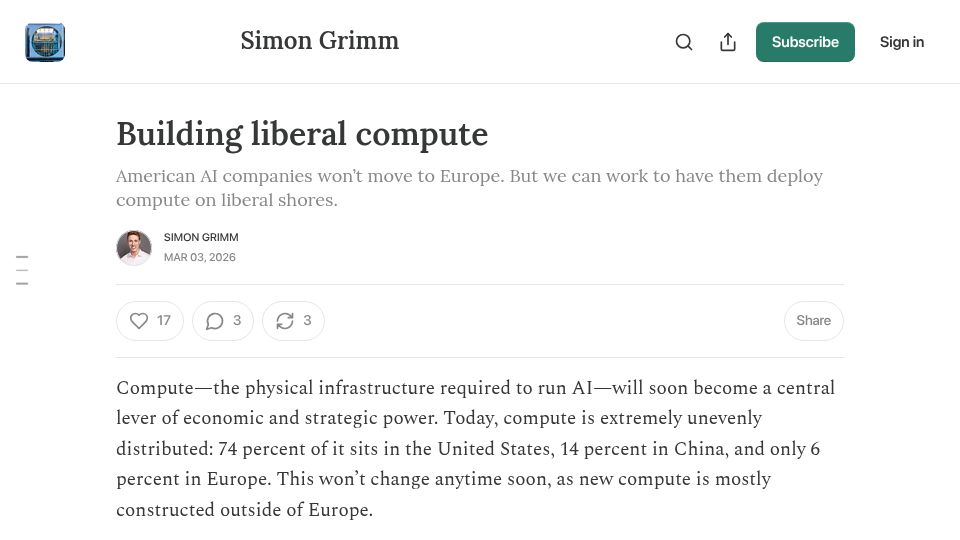 Screenshot of simongrimm.substack.com: Building Liberal Compute