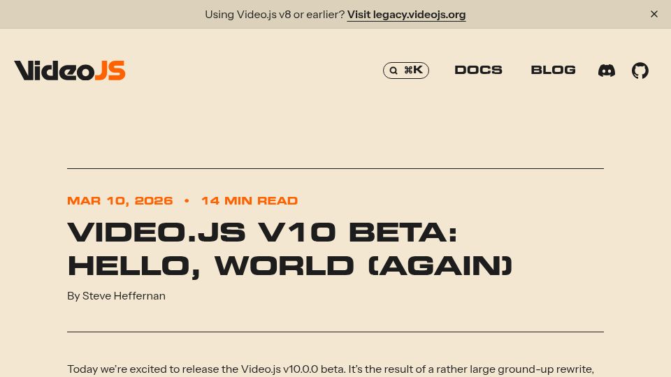 Screenshot of videojs.org: Show HN: I took back Video.js after 16 years and we rewrote it to be 88% smaller