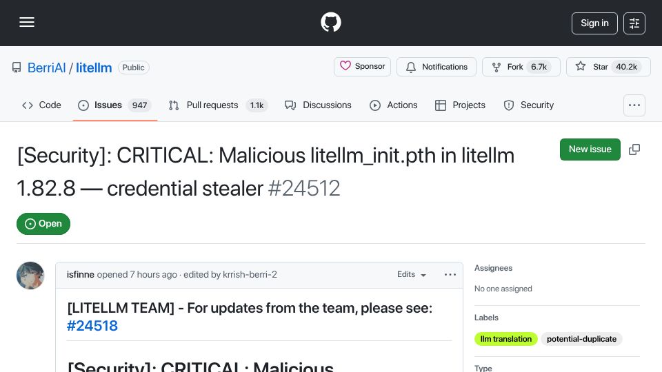 Screenshot of github.com: Tell HN: Litellm 1.82.7 and 1.82.8 on PyPI are compromised