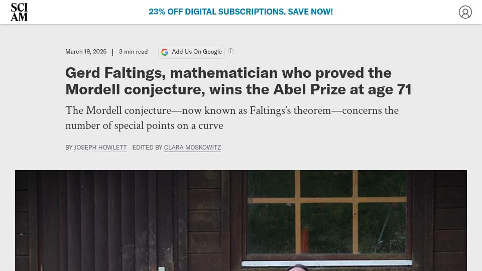 Screenshot of scientificamerican.com: Gerd Faltings, who proved the Mordell conjecture, wins the Abel Prize
