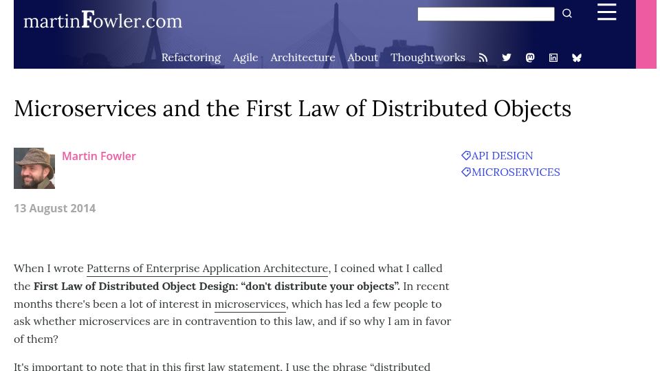 Screenshot of martinfowler.com: Microservices and the First Law of Distributed Objects (2014)