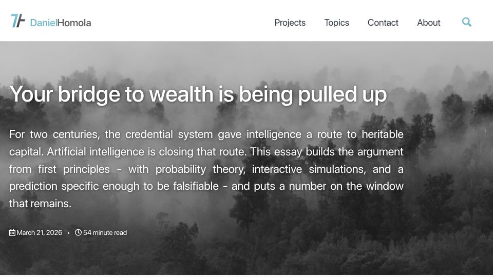 Screenshot of danielhomola.com: The bridge to wealth is being pulled up with AI