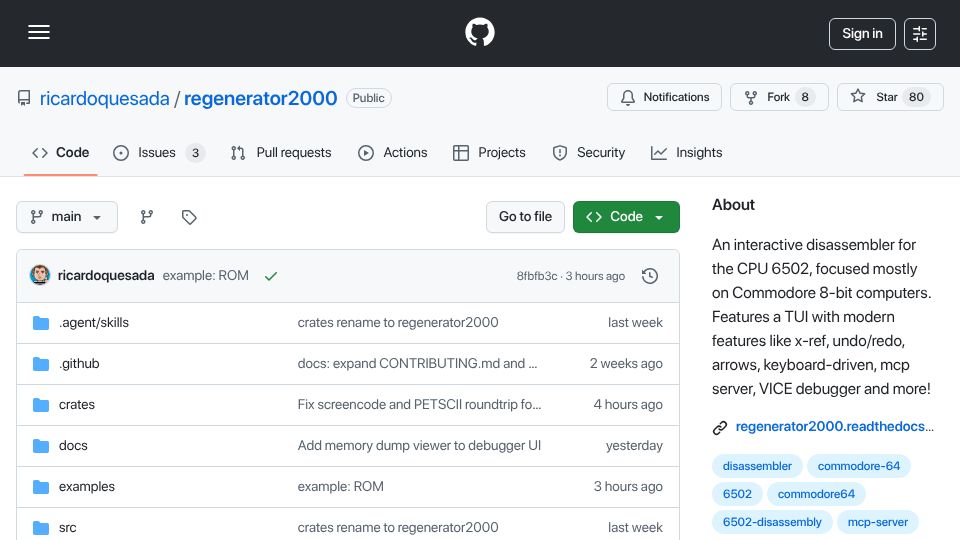 Screenshot of github.com: A 6502 disassembler with a TUI: A modern take on Regenerator