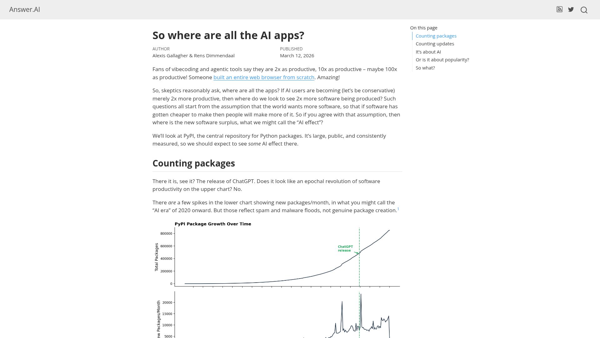 Screenshot of answer.ai: So where are all the AI apps?