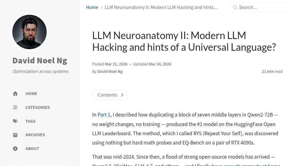 Screenshot of dnhkng.github.io: LLM Neuroanatomy II: Modern LLM Hacking and Hints of a Universal Language?