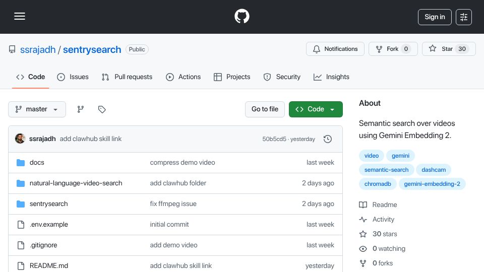 Screenshot of github.com: Show HN: Gemini can now natively embed video, so I built sub-second video search