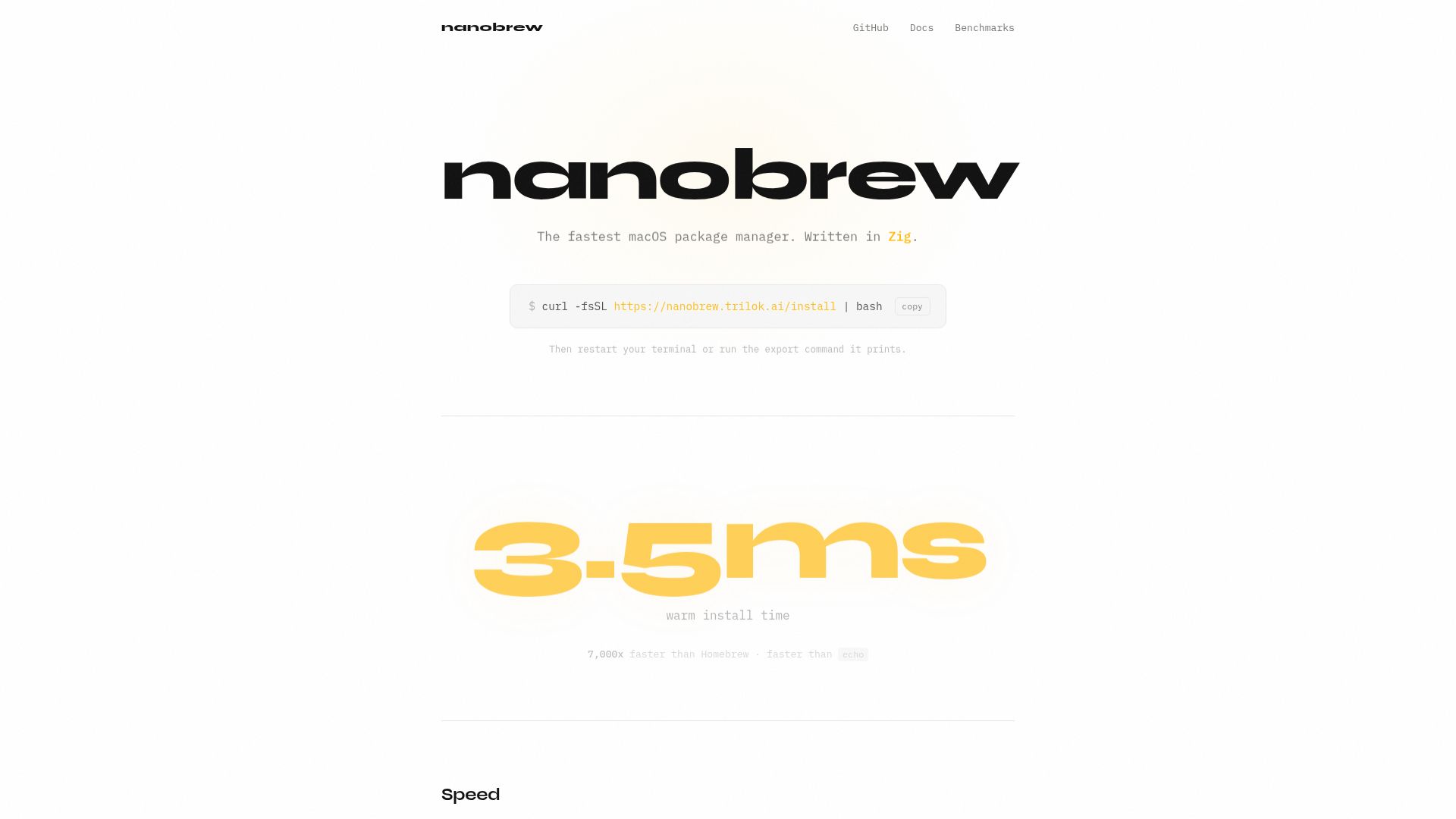 Screenshot of nanobrew.trilok.ai: Nanobrew: The fastest macOS package manager compatible with brew