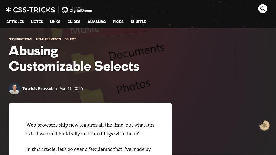 Screenshot of css-tricks.com: Abusing Customizable Selects
