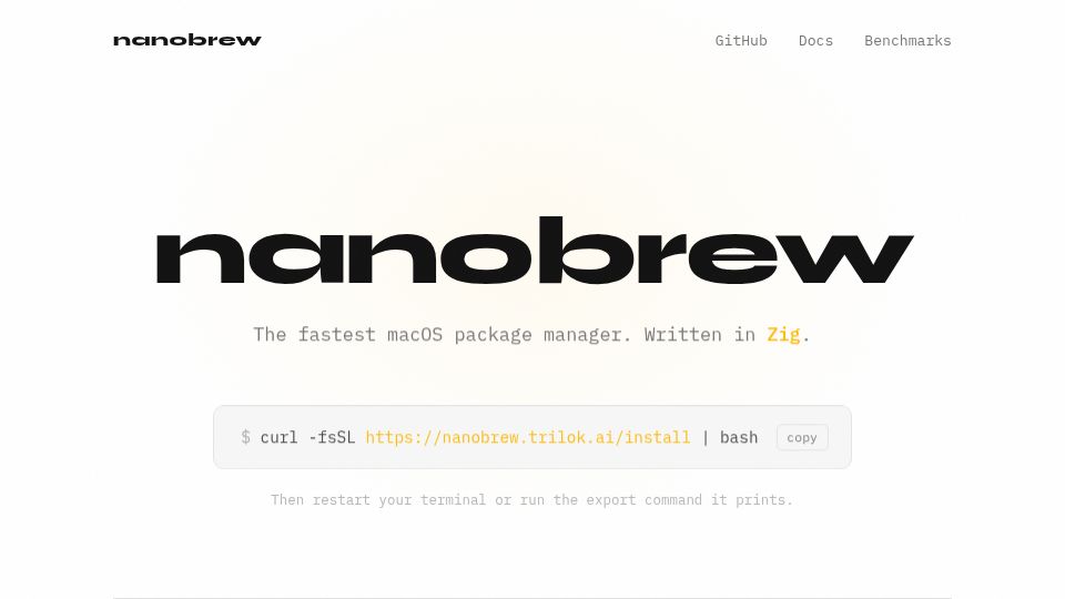 Screenshot of nanobrew.trilok.ai: Nanobrew: The fastest macOS package manager compatible with brew