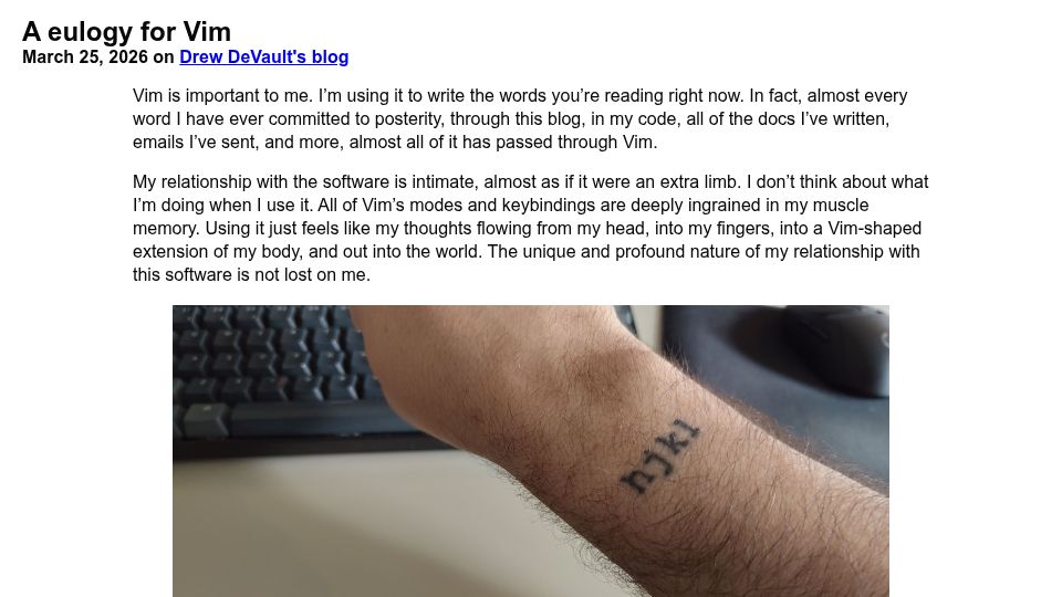 Screenshot of drewdevault.com: A Eulogy for Vim