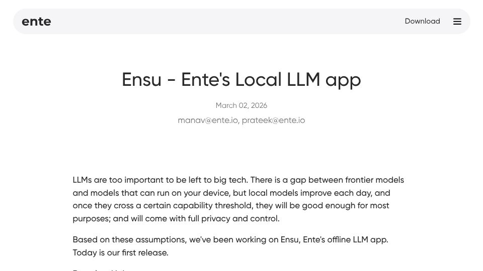 Screenshot of ente.com: Ensu – Ente’s Local LLM app