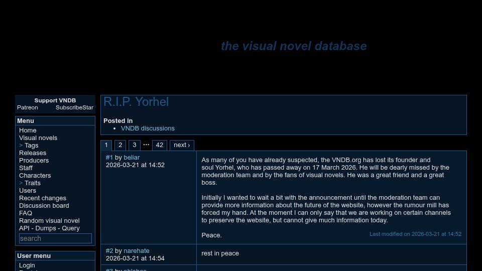 Screenshot of vndb.org: VNDB founder Yorhel has died