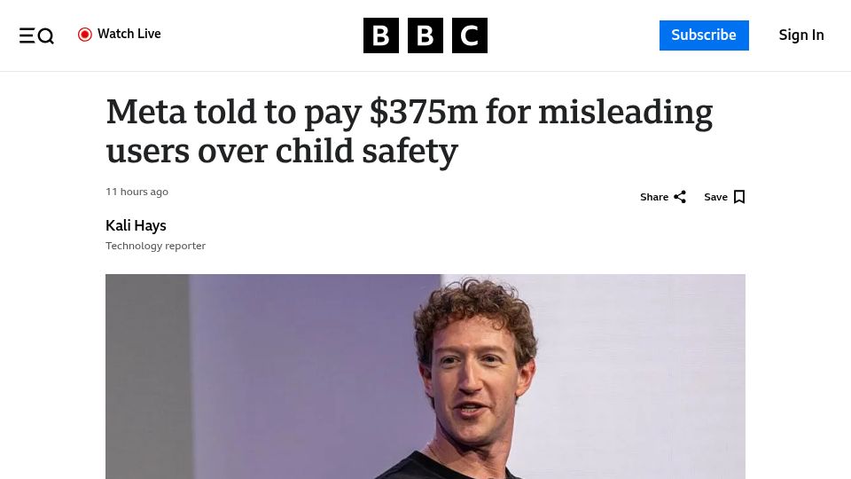Screenshot of bbc.com: Meta told to pay $375M for misleading users over child safety