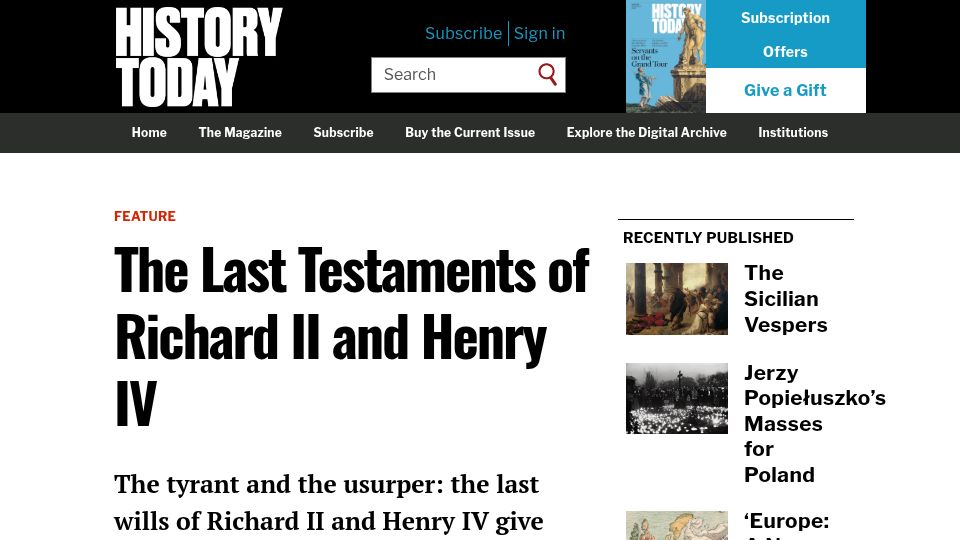 Screenshot of historytoday.com: The Last Testaments of Richard II and Henry IV